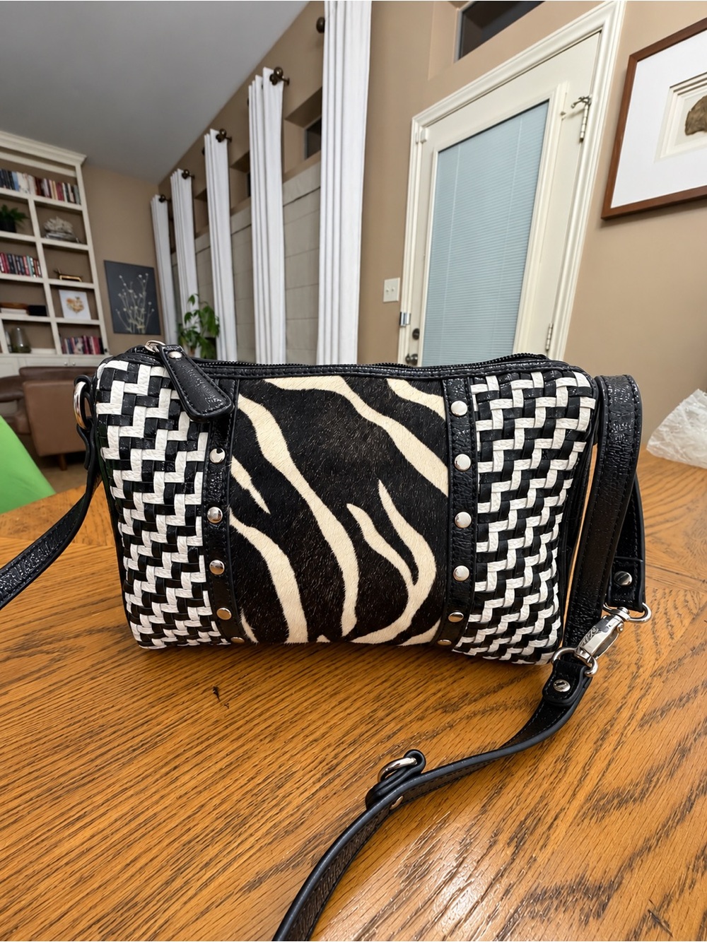EUC Sharif Woven Patent Leather and Calf Hair Bag